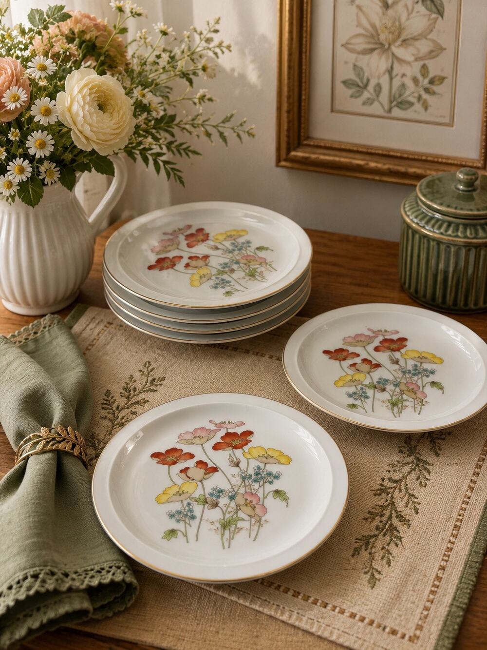 VTG Painted Poppy Fanci Florals Collection Salad Plates Set of 6 MCM Porcelain